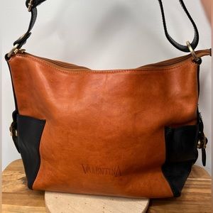 Valentina Black & Tan Leather Shoulder Hobo Bag